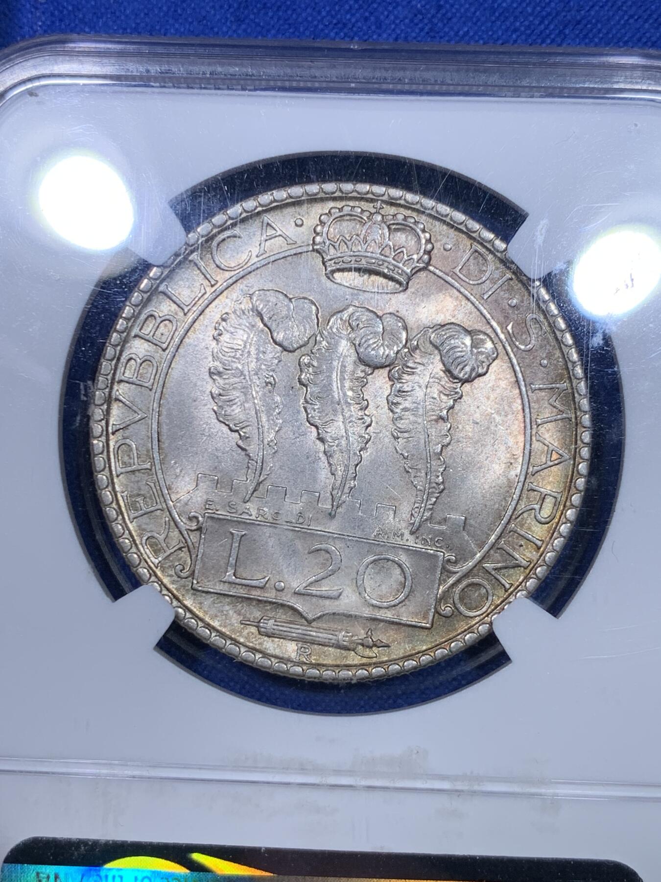 《竞宝斋》第284场- 周日，周一 2场连拍 （全场包邮） NGC MS64 圣马力诺1933年20里拉 高分好状态