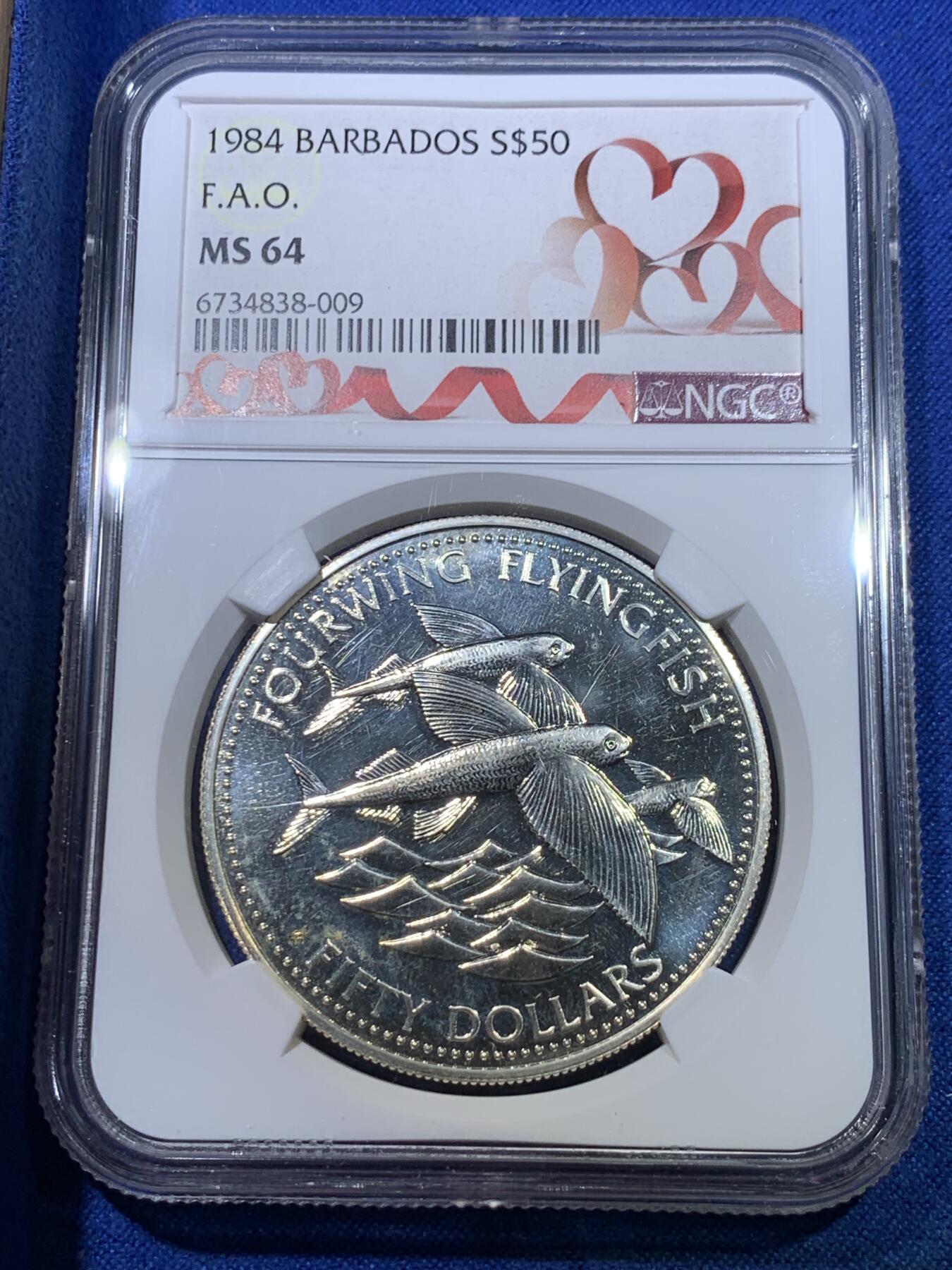 《竞宝斋》第284场- 周日，周一 2场连拍 （全场包邮） NGC MS64 巴巴多斯1984四翼飞鱼50元银币 红丝带定制标