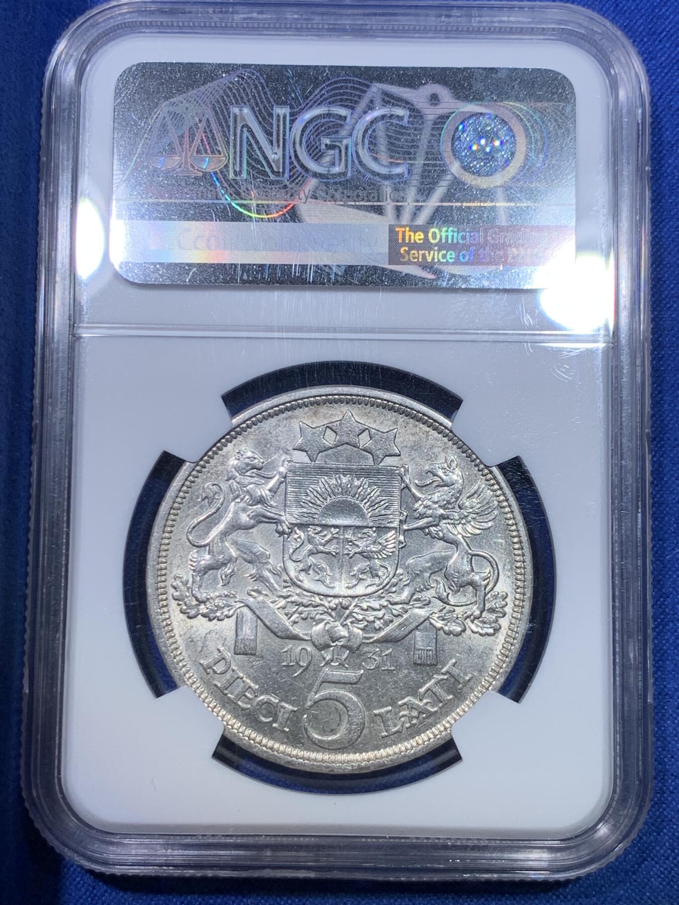 《竞宝斋》第284场- 周日，周一 2场连拍 （全场包邮） NGC MS62 拉脱维亚1931年少女5里拉银币 原光车轮光 略有低评