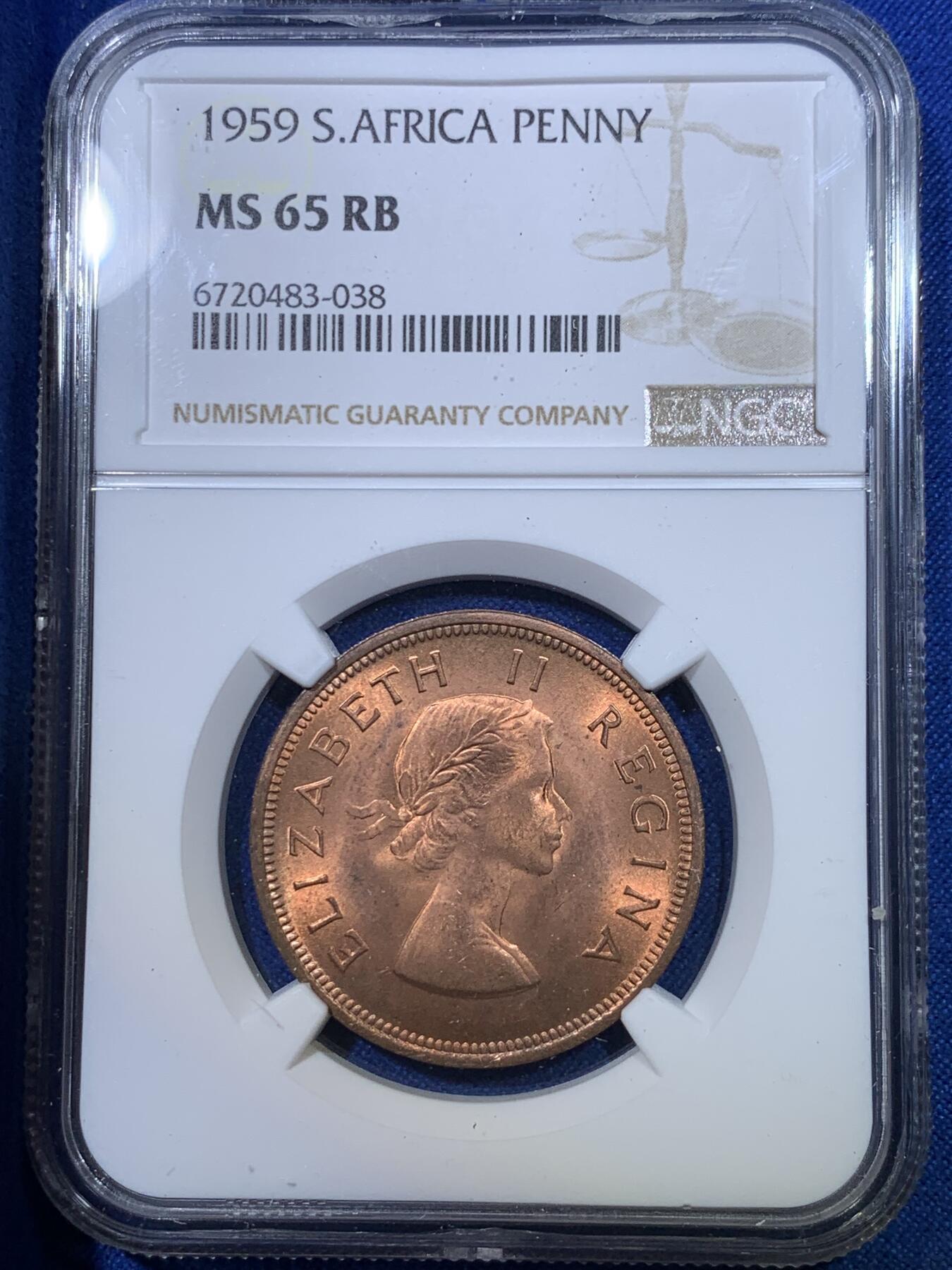 《竞宝斋》第284场- 周日，周一 2场连拍 （全场包邮） NGC MS65RB 南非1959年1便士 铜光充沛 细节立体 正面帆船图案非常漂亮 1959相对1960年少得多 喜欢英系铜币的不容错过