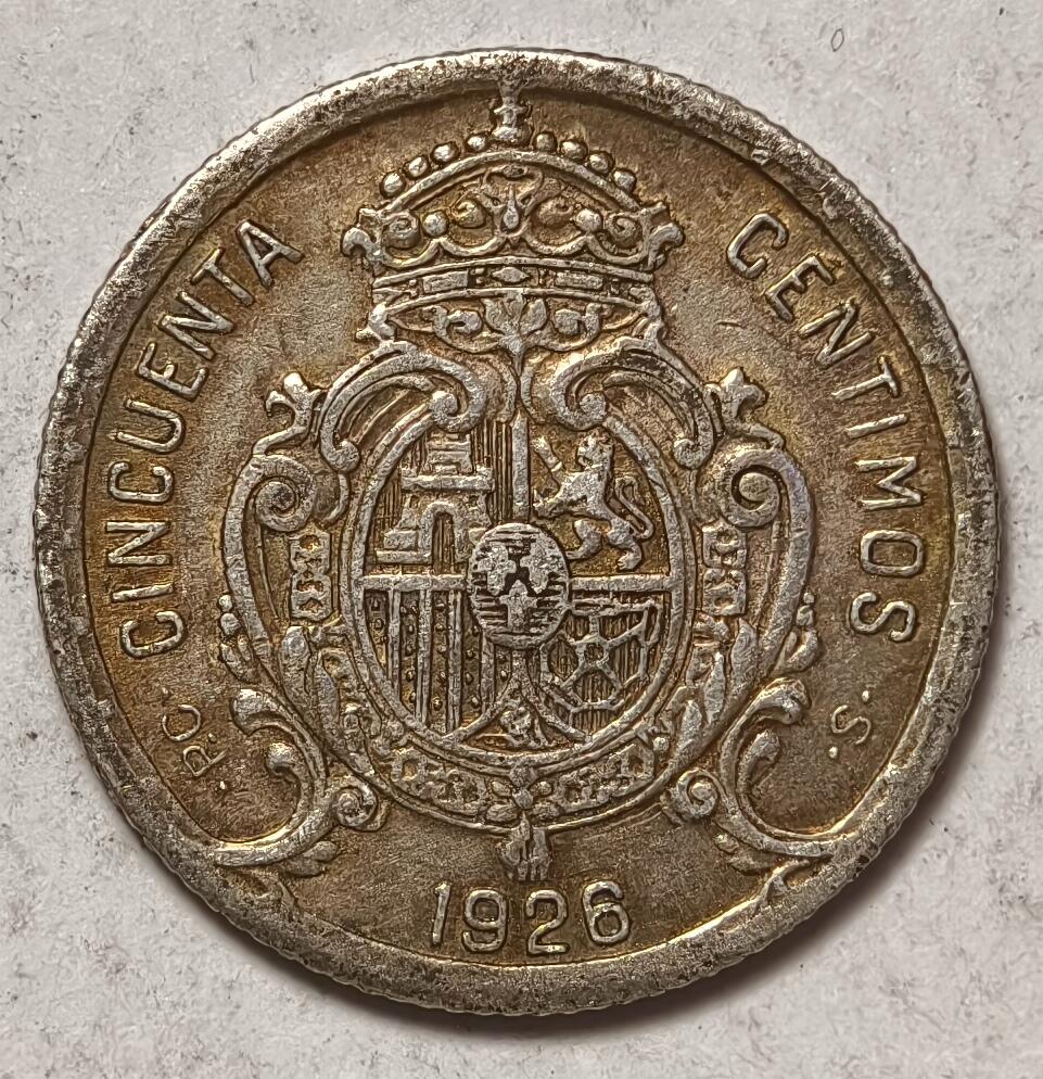 紫瑗钱币——第376期拍卖 西班牙 1926年 阿方索十三世 50分 2.5克 0.835银