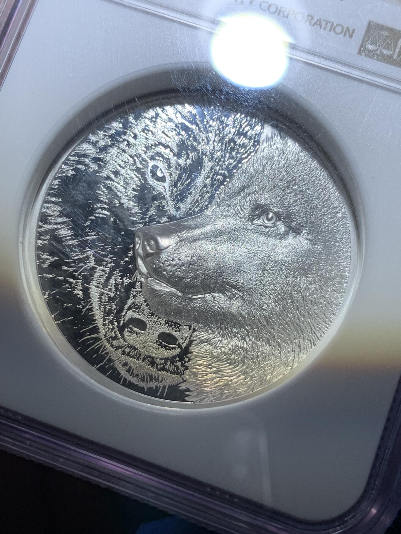 《竞宝斋》第284场- 周日，周一 2场连拍 （全场包邮） NGC PF70UC 蒙古2021年神秘苍狼银币 1盎司双面高浮雕 CIT出品热门系列银币 面值500图格里克 经典标签错误 优质藏品