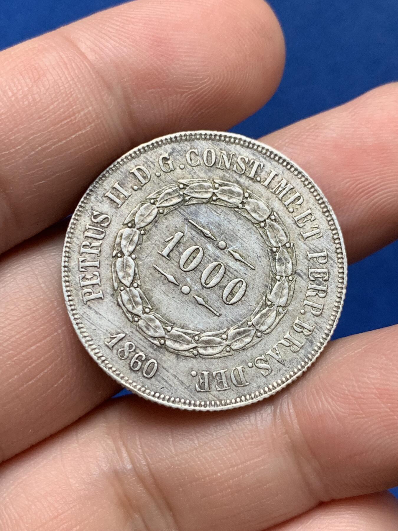 《竞宝斋》第284场- 周日，周一 2场连拍 （全场包邮） 巴西1860年1000瑞斯 细节见图