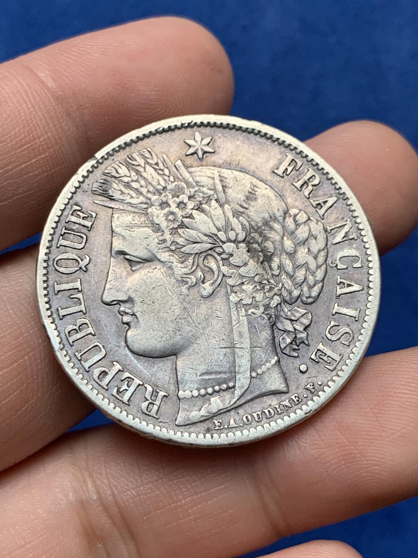《竞宝斋》第284场- 周日，周一 2场连拍 （全场包邮） 1851年法国谷物女神5法郎银币 原味品