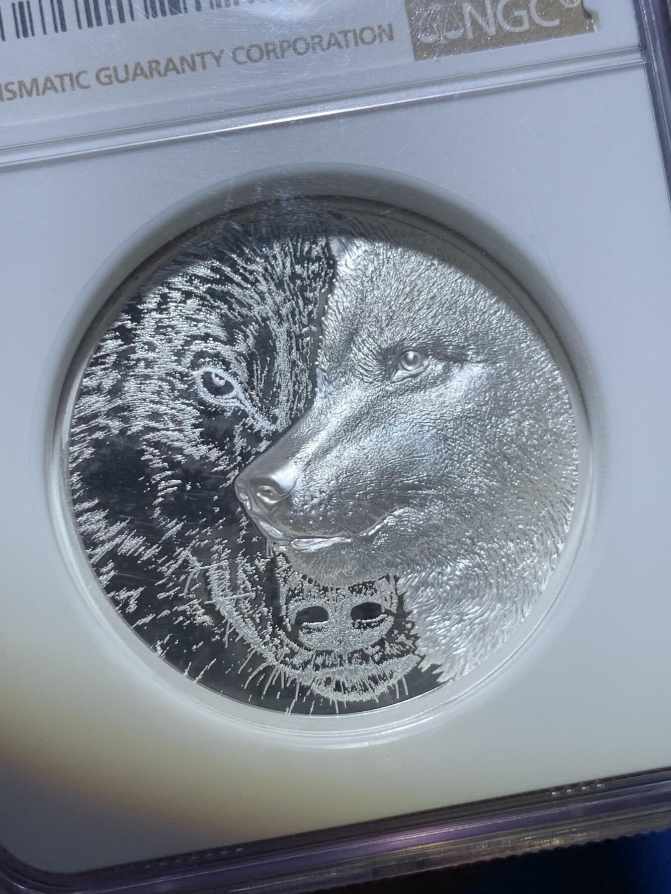 《竞宝斋》第284场- 周日，周一 2场连拍 （全场包邮） NGC PF70UC 蒙古2021年神秘苍狼银币 1盎司双面高浮雕 CIT出品热门系列银币 面值500图格里克 经典标签错误 优质藏品