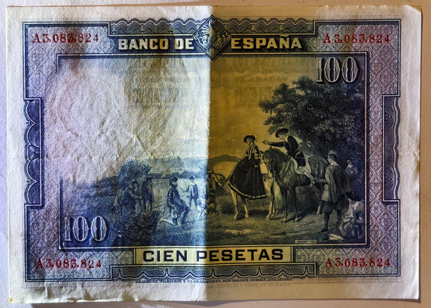 紫瑗钱币——第391期拍卖——纸币场 西班牙 1928年 中央银行 油画《唐吉坷德》 100比塞塔 流通品 (P-76a)