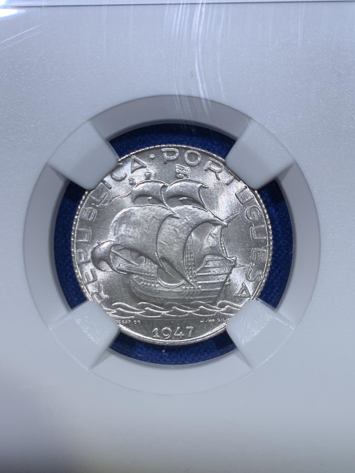 《竞宝斋》第284场- 周日，周一 2场连拍 （全场包邮） NGC MS67 葡萄牙1947年帆船2.5埃斯库多银币