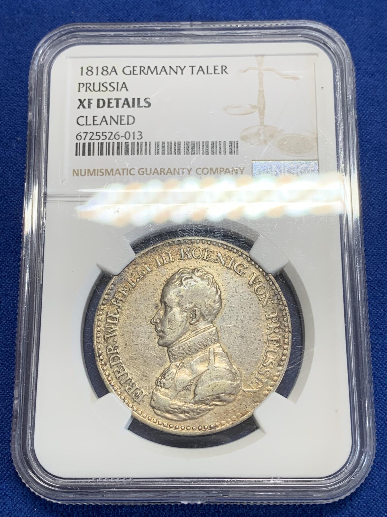 《竞宝斋》第284场- 周日，周一 2场连拍 （全场包邮） NGC XFD 德国1818A年普鲁士鹰炮1泰勒银币 老泰勒又涨了