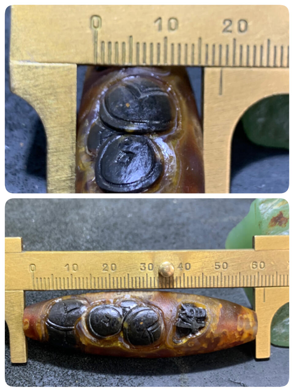 亚光高玉化巴西玛瑙手工俏色巧雕财字钱币桶珠一个