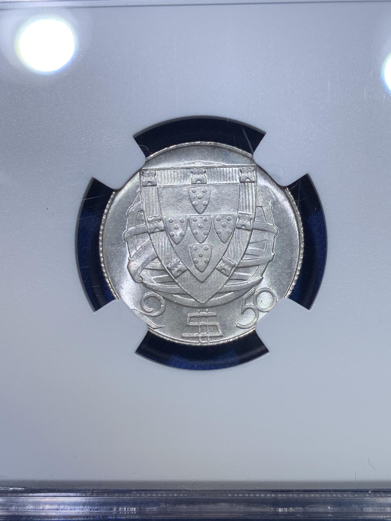 《竞宝斋》第284场- 周日，周一 2场连拍 （全场包邮） NGC MS67 葡萄牙1947年帆船2.5埃斯库多银币