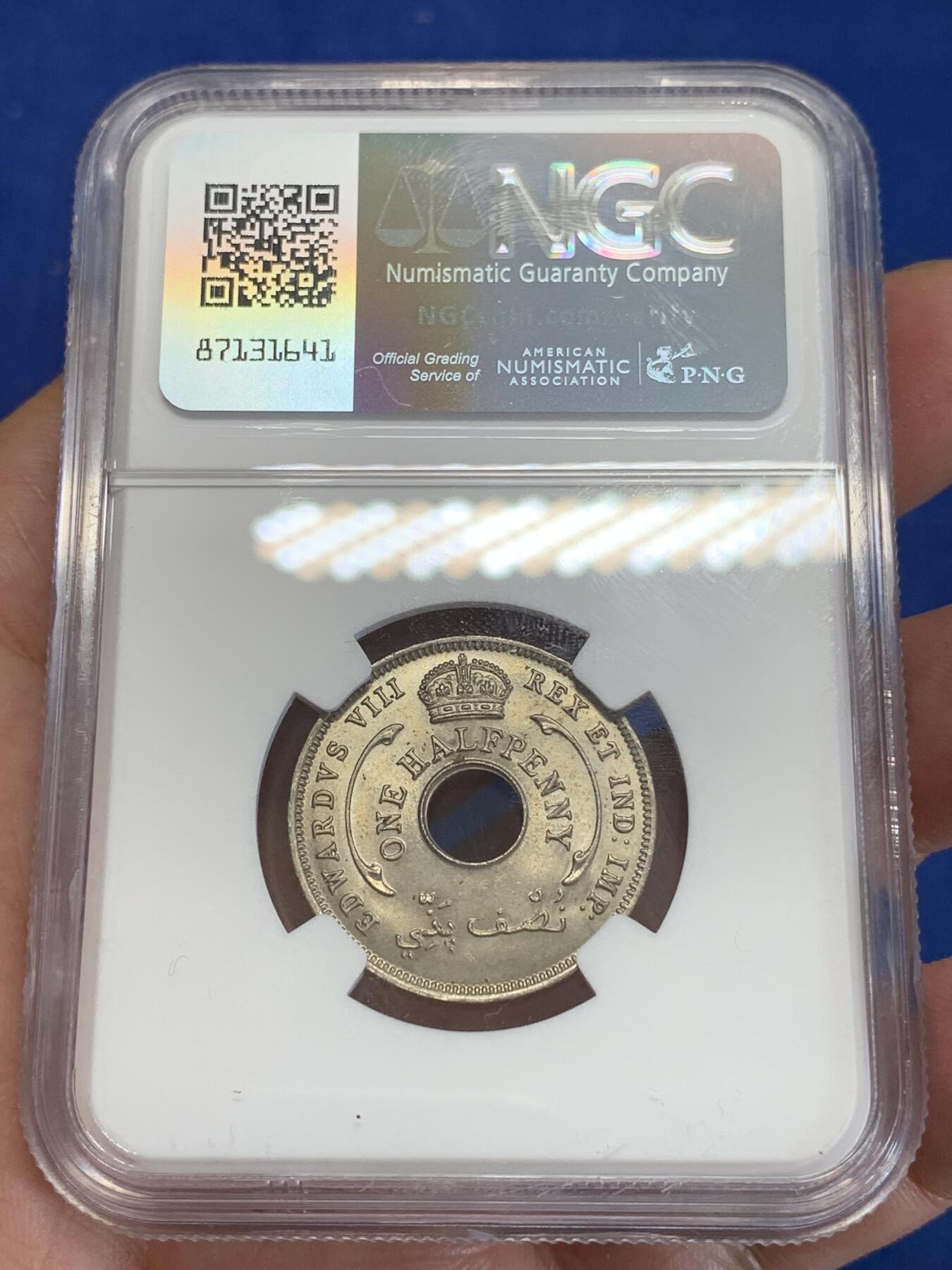 《竞宝斋》第284场- 周日，周一 2场连拍 （全场包邮） NGC MS64 英属西非1936半便士 六芒星图案大热 这枚63及以下很常见 64分就很难了 两面转光带淡淡的包浆 非常漂亮