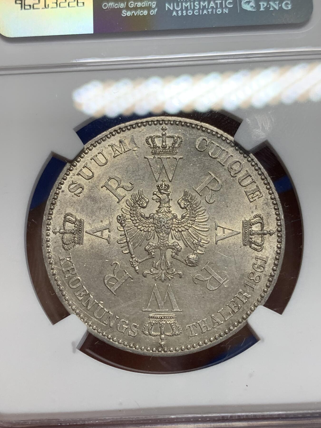 《竞宝斋》第284场- 周日，周一 2场连拍 （全场包邮） NGC AUD 德国1861年普鲁士威廉一世登基1泰勒 光感细节不错