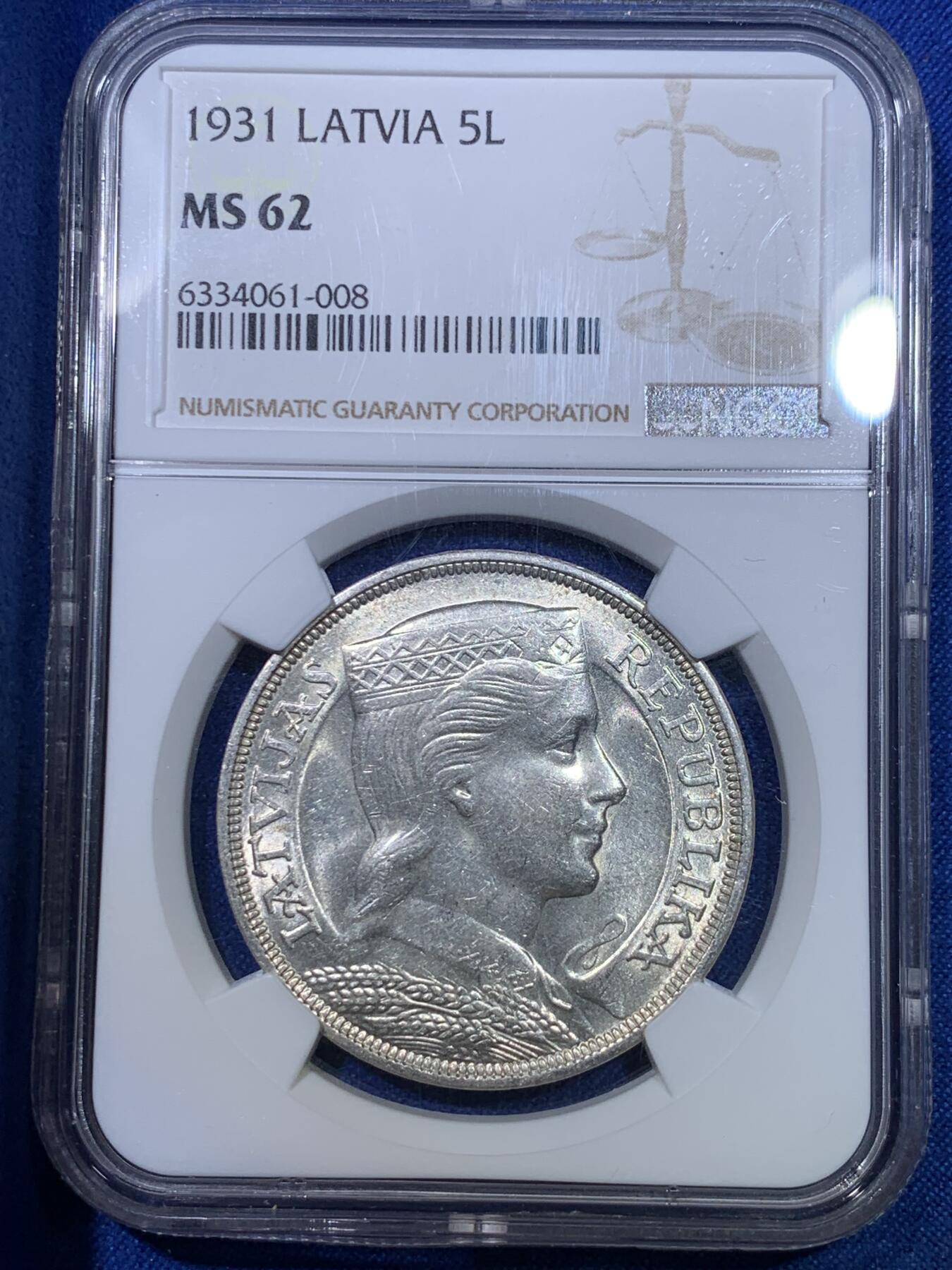 《竞宝斋》第284场- 周日，周一 2场连拍 （全场包邮） NGC MS62 拉脱维亚1931年少女5里拉银币 原光车轮光 略有低评