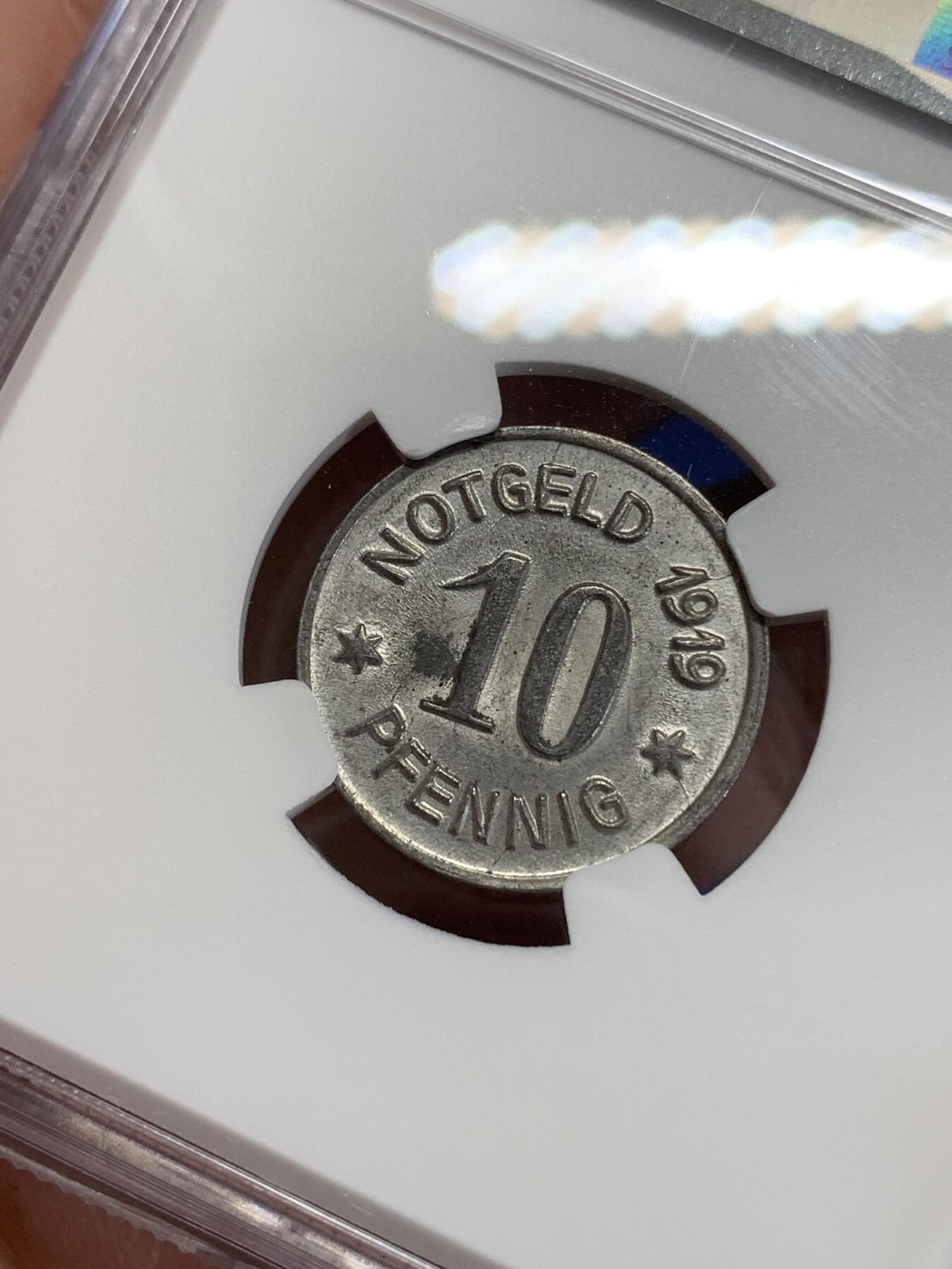 《竞宝斋》第284场- 周日，周一 2场连拍 （全场包邮） NGC MS64 1919年德紧宾根10芬尼铁币 铁币保存不易 原光难得