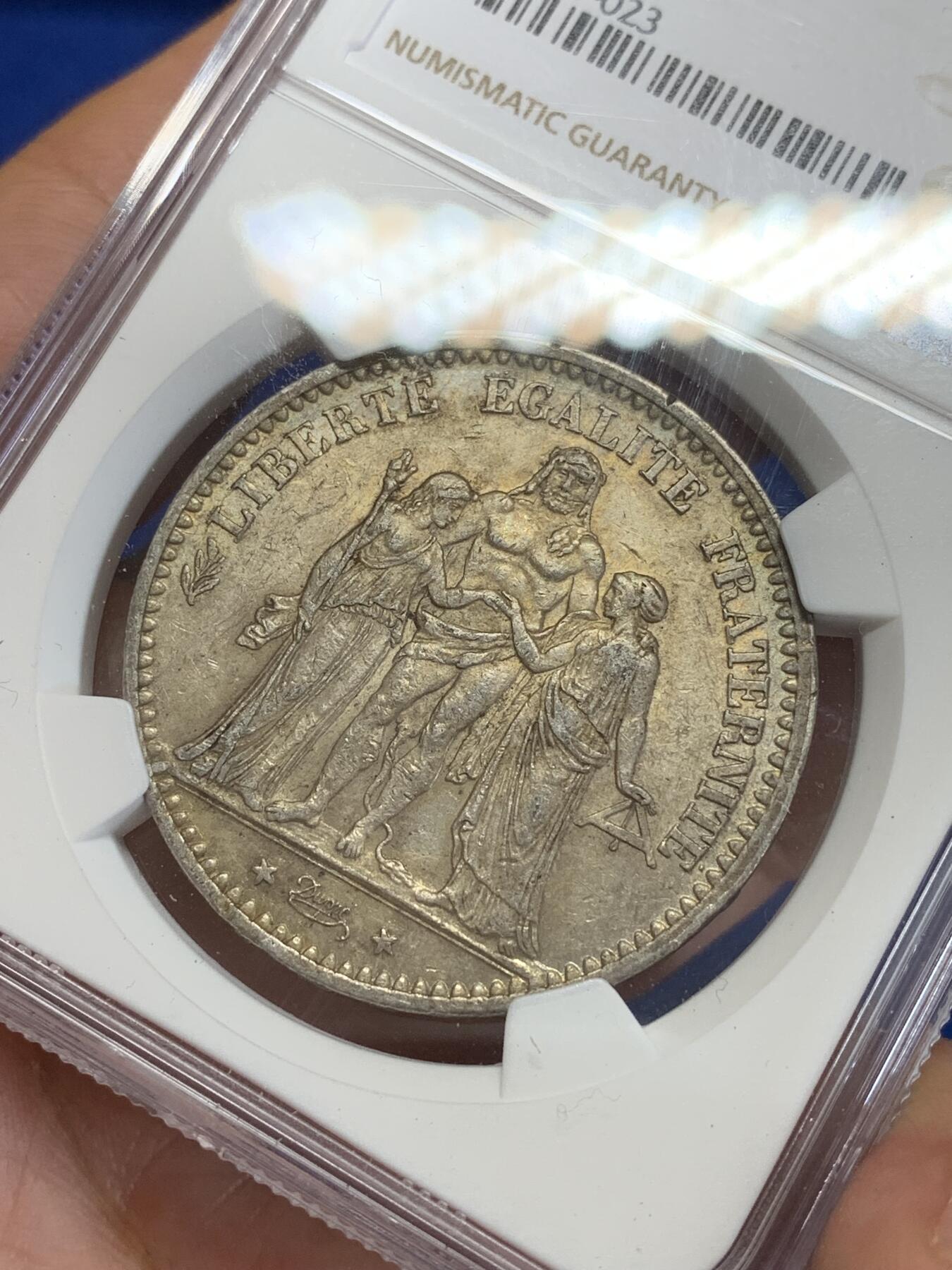 《竞宝斋》第284场- 周日，周一 2场连拍 （全场包邮） NGC AU55 法国1874年大力神5法郎银币