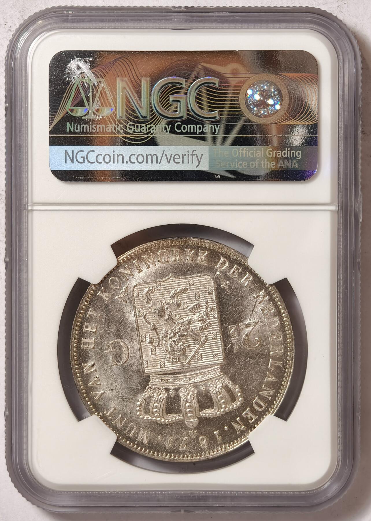 紫瑗钱币——第376期拍卖 荷兰 1871年 威廉三世 2.5盾 银币 NGC MS61 细节超级好