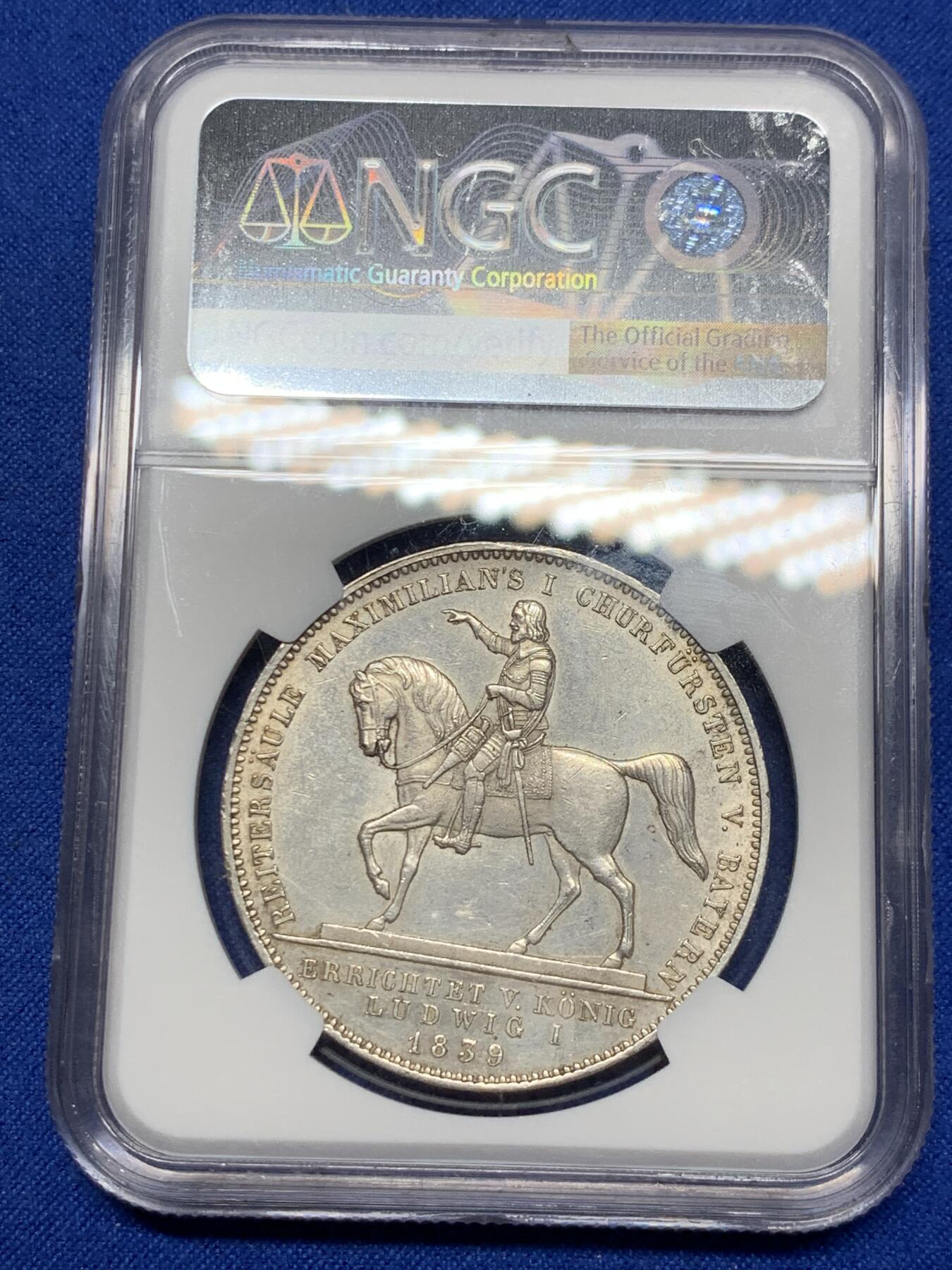 《竞宝斋》第284场- 周日，周一 2场连拍 （全场包邮） NGC UNC 德国1839年巴伐利亚选帝侯骑马雕像历史双泰勒 37.12g 大银币