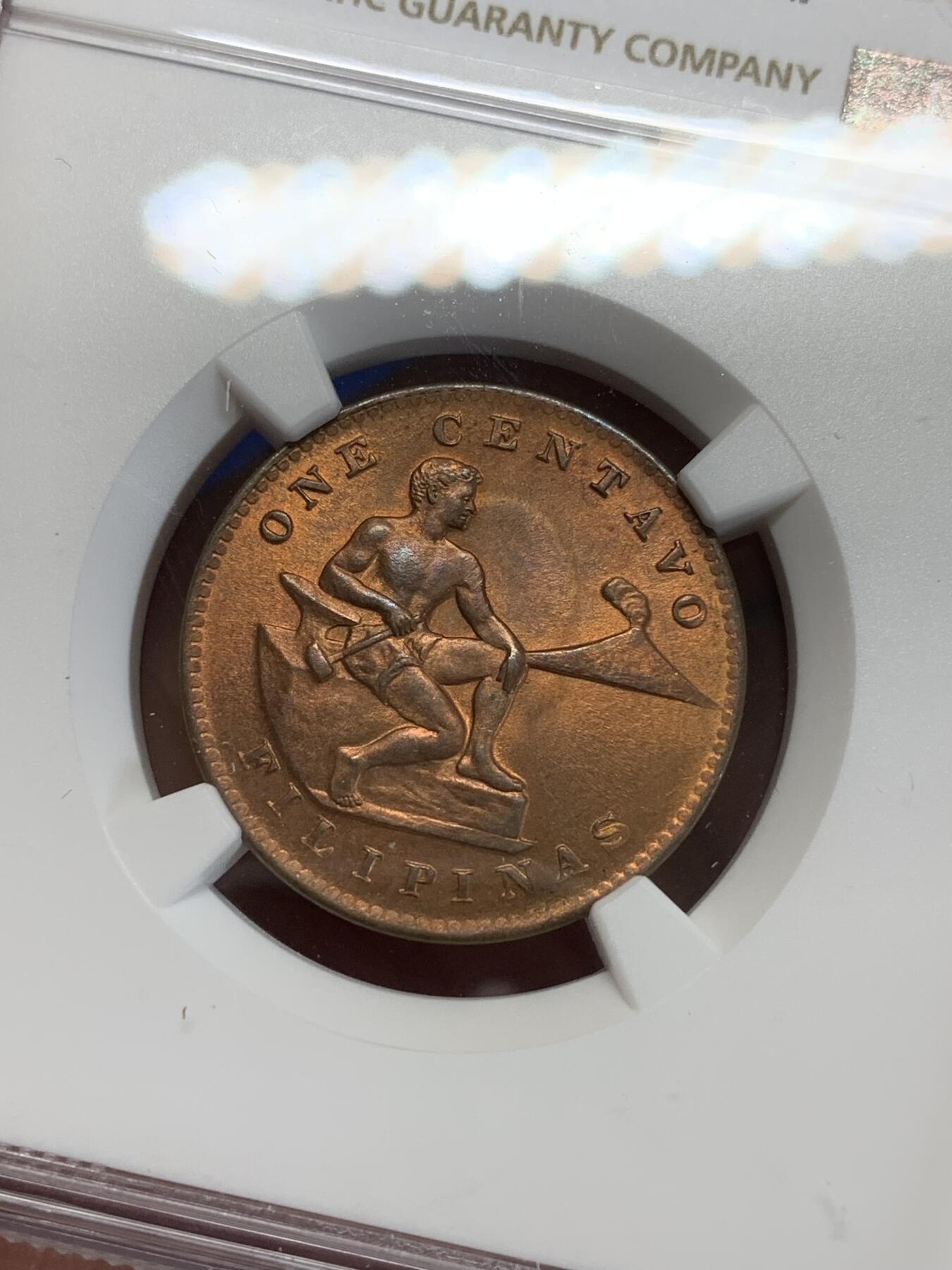 《竞宝斋》第284场- 周日，周一 2场连拍 （全场包邮） NGC MS64RB 1944 菲律宾 1分 很少见的菲律宾铜币 同一版本的银币铺天盖地 但是好品的铜币极少 这一枚完全是RD体质 但是不知为什么给了RB 细节清晰 人物立体 国徽的凸点完全没有被磨过 值得收藏