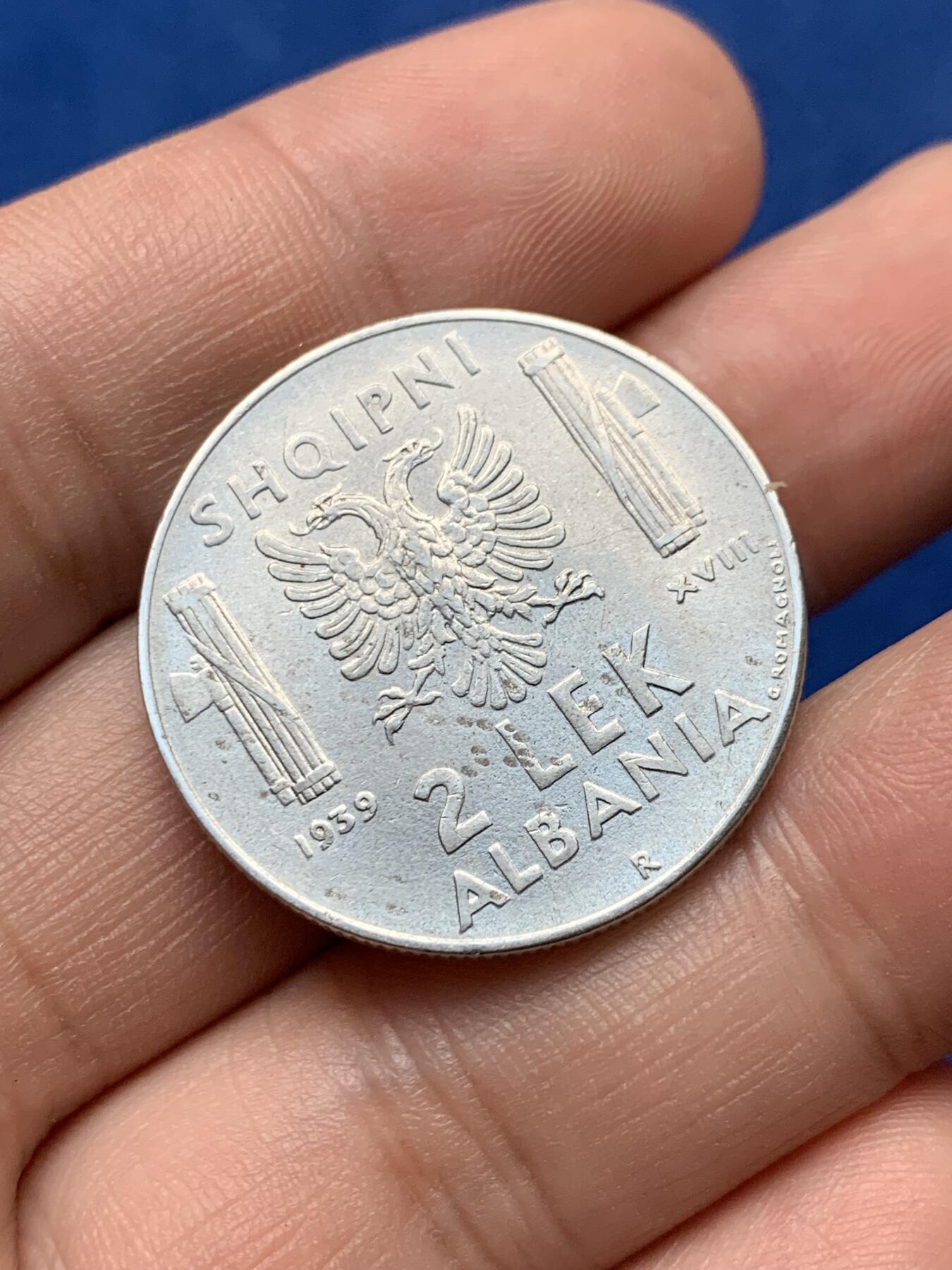 《竞宝斋》第284场- 周日，周一 2场连拍 （全场包邮） 1939年意占阿尔巴尼亚2列克镍币