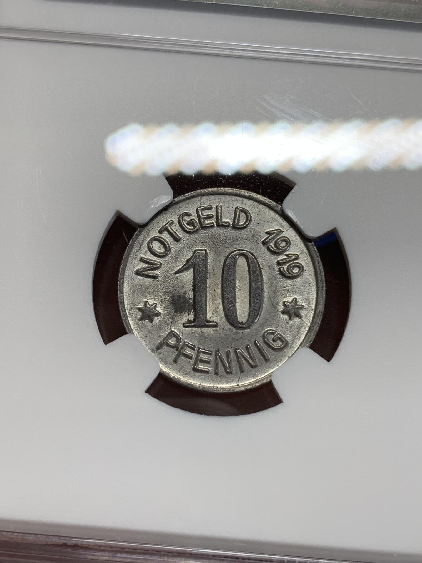 《竞宝斋》第284场- 周日，周一 2场连拍 （全场包邮） NGC MS64 1919年德紧宾根10芬尼铁币 铁币保存不易 原光难得