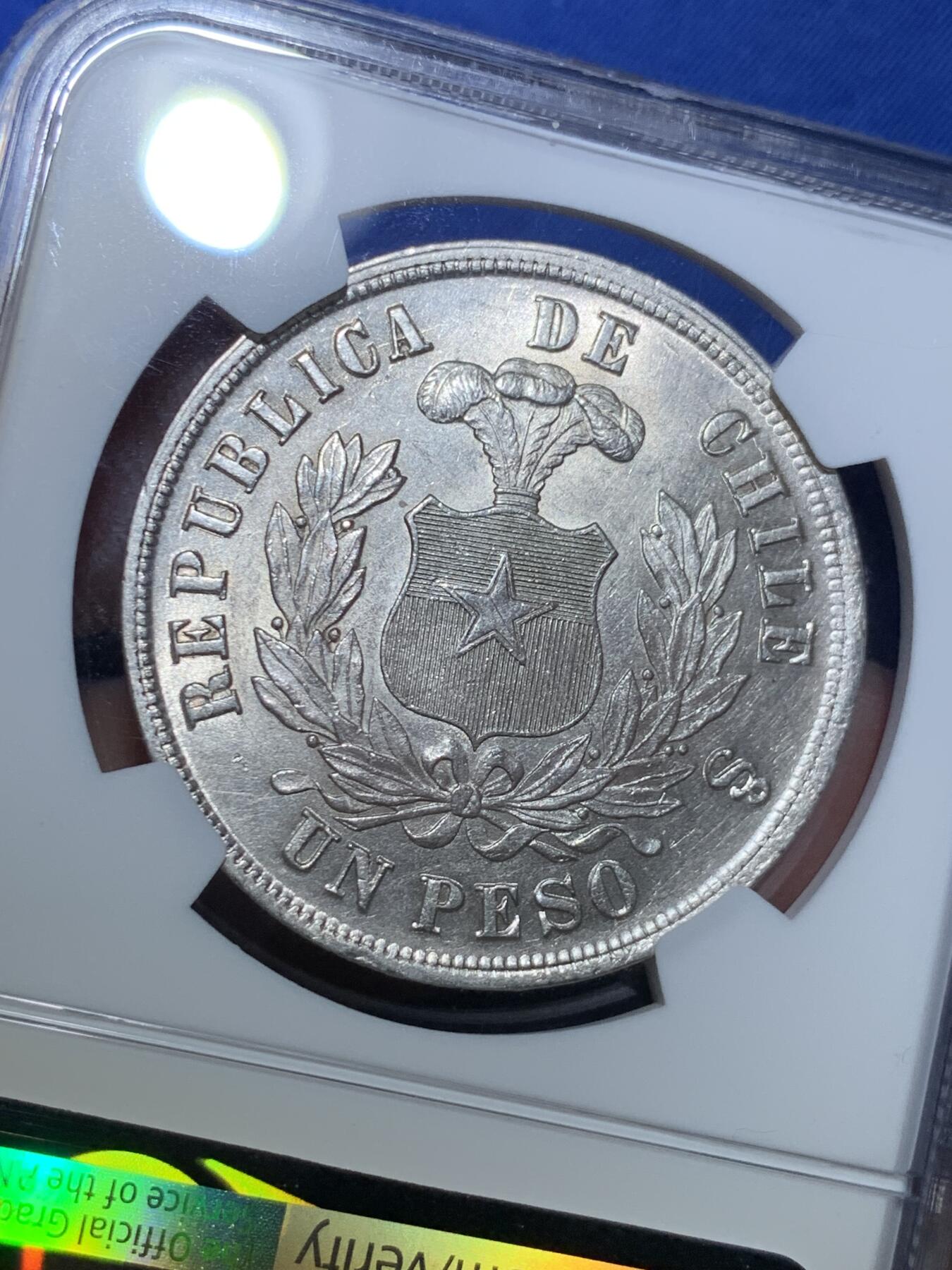 《竞宝斋》第284场- 周日，周一 2场连拍 （全场包邮） NGC MS63 智利 1884年 1比索 安第斯神鹰 大银币 光度很好 底板基本没瑕疵 同分中的战斗机 拉丁美洲潜力品种