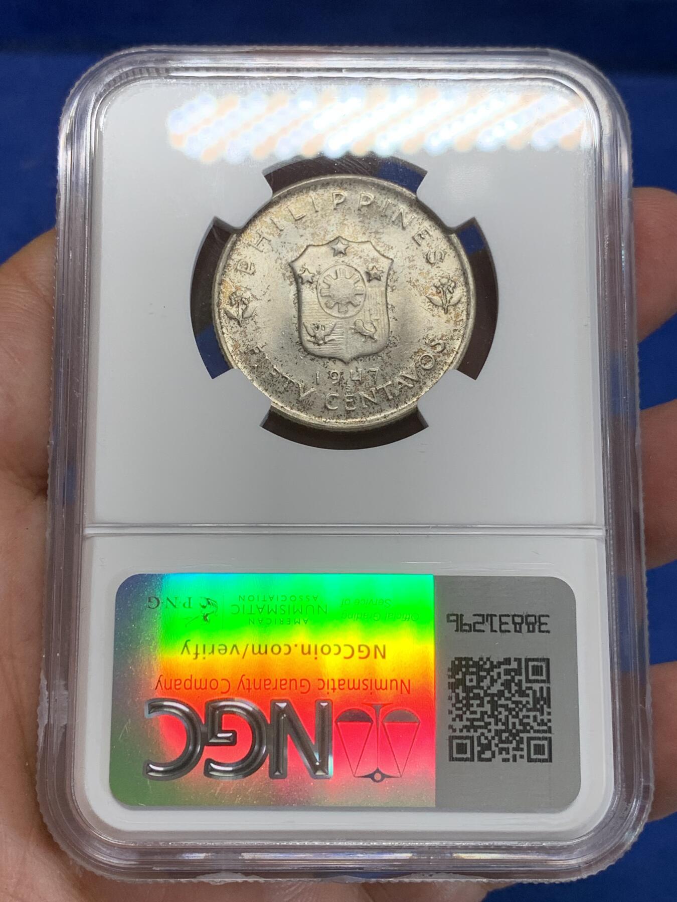 《竞宝斋》第284场- 周日，周一 2场连拍 （全场包邮） NGC MS64 菲律宾1947年S版50分 绝对低评！麦克阿瑟纪念银币 大热品种 两面包浆极为漂亮