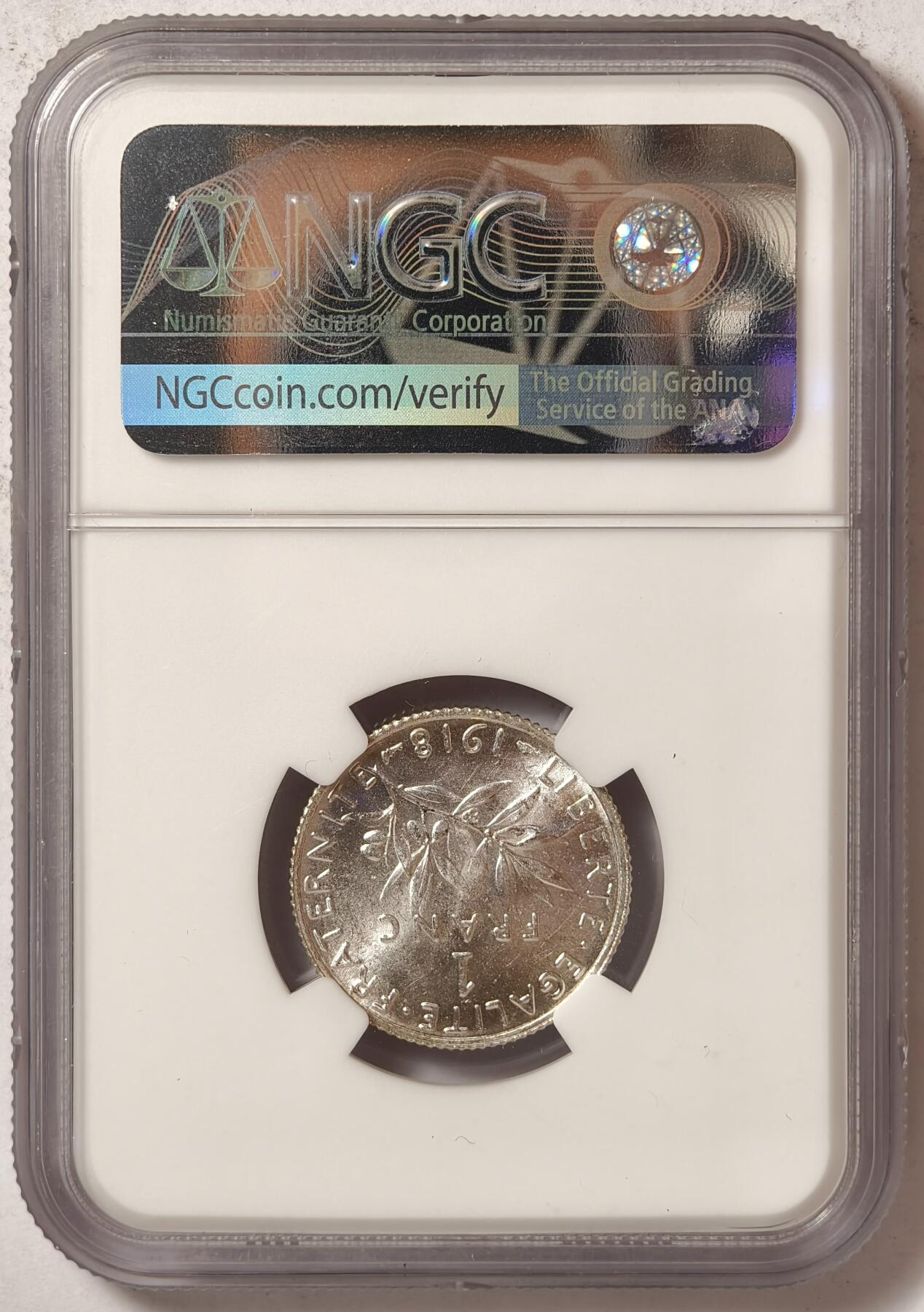 紫瑗钱币——第376期拍卖 法国 1918年 播种女神 1法郎 银币 NGC MS62