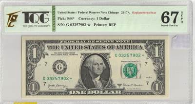 PThappally收藏第35次拍卖，英联邦地区硬币纸币 - US Federal Reserve Notes 1$ 2017A Pick 544, TQG 67 GEPQ Superb Gem UNC - Replacement Star