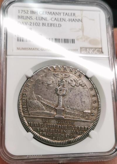 凡希社世界钱币微拍第二百七十五期 稀！1752IBH德国布伦瑞克-吕内堡-加伦堡-汉诺威矿业泰勒大银NGC-AU58，DAV#2102，珍稀二年型，英王乔治二世时期欧洲领地，N唯一冠军分！