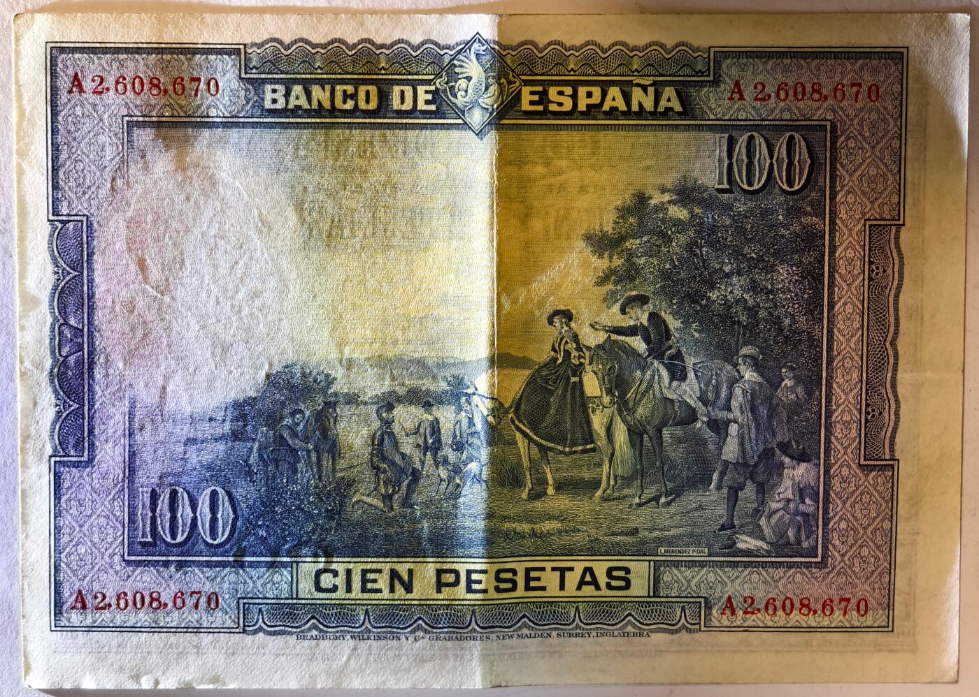紫瑗钱币——第375期拍卖——纸币场 西班牙 1928年 中央银行 油画《唐吉坷德》 100比塞塔 流通品 (P-76a)