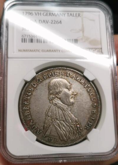 凡希社世界钱币微拍第二百七十五期 荐！1796德国富尔达主教区阿德尔伯特三世捐献泰勒NGC-MS63，典雅欧陆铁灰包浆，稀见两年型，N亚军分！