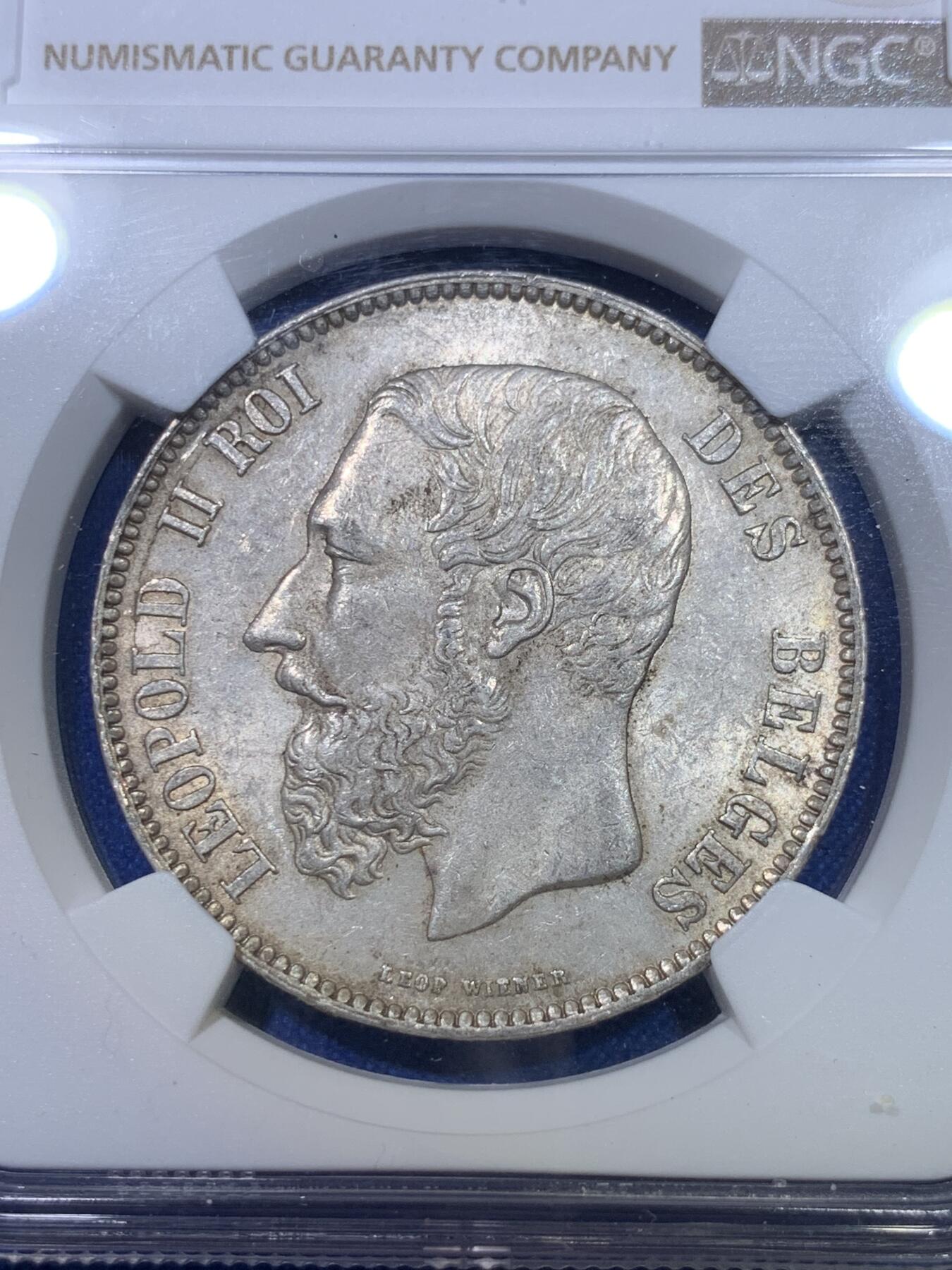 《竞宝斋》第284场- 周日，周一 2场连拍 （全场包邮） NGC MS62 比利时 1868年 利奥波德二世（小头版）5法郎银币