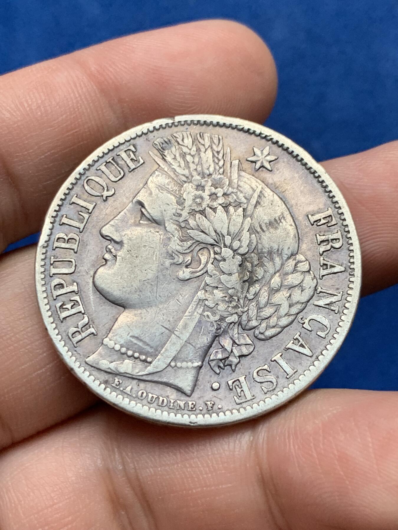 《竞宝斋》第284场- 周日，周一 2场连拍 （全场包邮） 1851年法国谷物女神5法郎银币 原味品