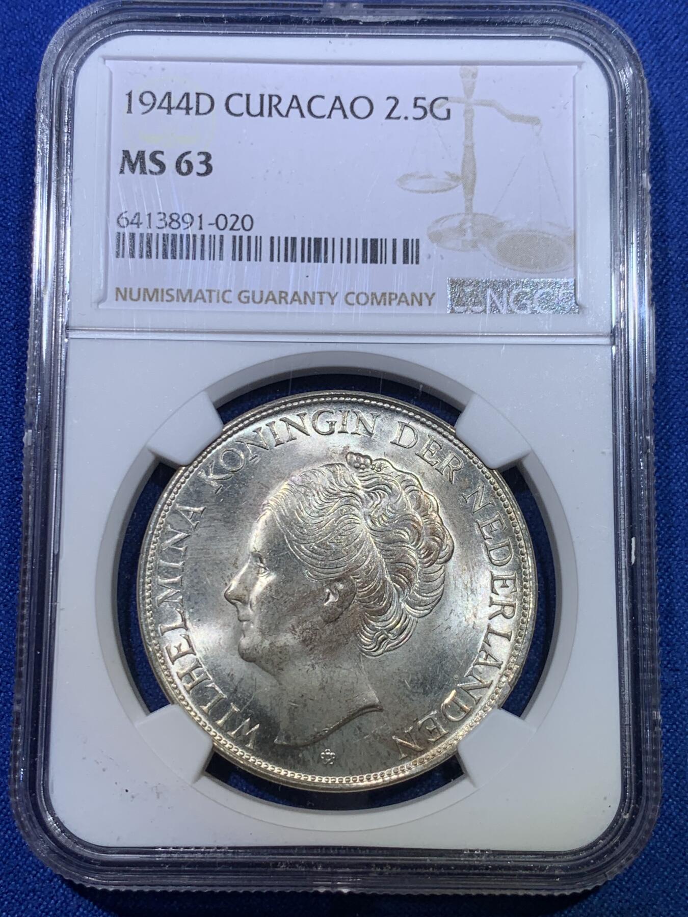 《竞宝斋》第284场- 周日，周一 2场连拍 （全场包邮） NGC MS63 荷属库拉索1944D威廉明娜2.5盾大银币