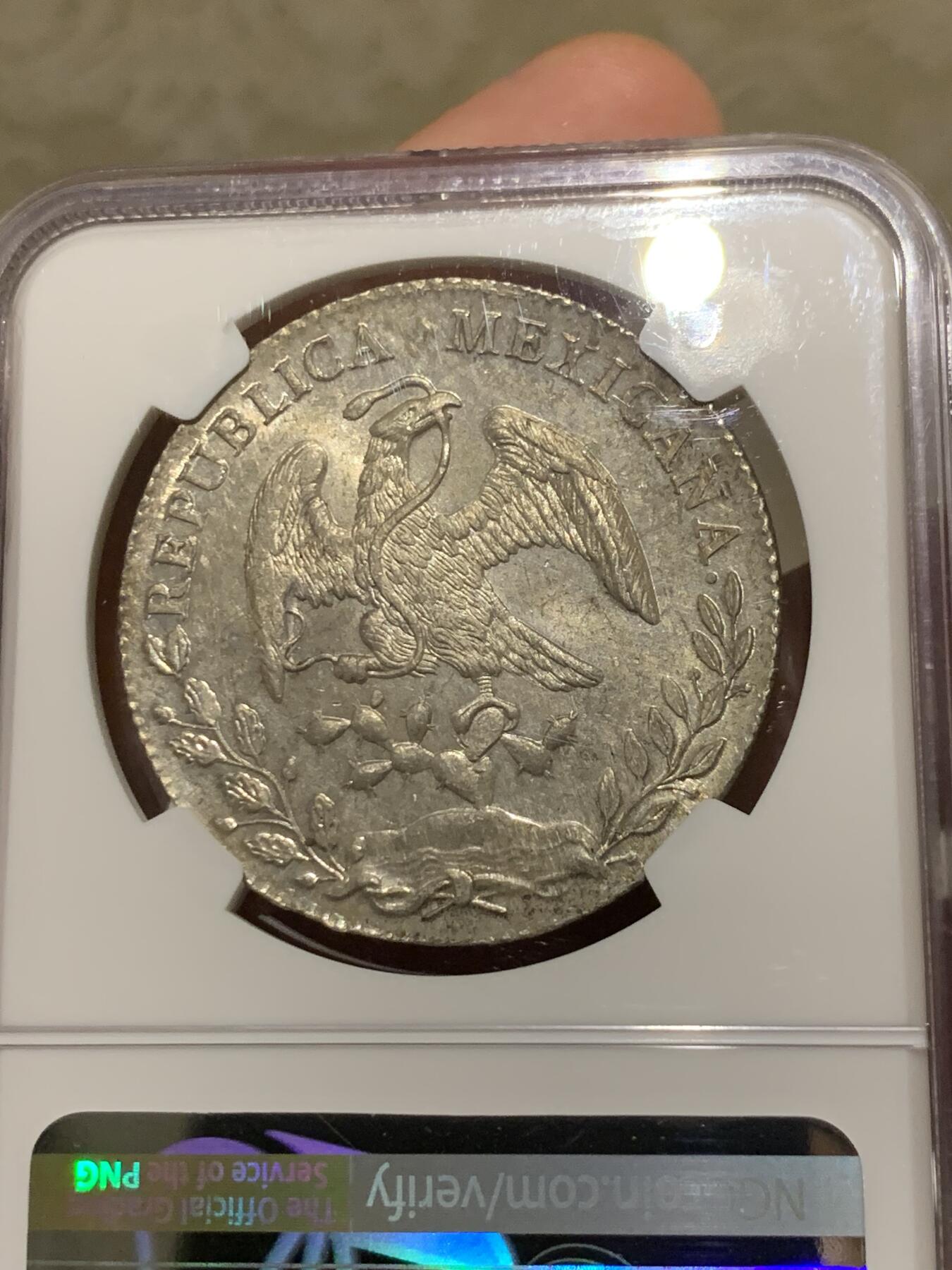 《竞宝斋》第284场- 周日，周一 2场连拍 （全场包邮） NGC MS62 墨西哥 1894年 8瑞尔 花边鹰洋 底板光度十足 正面月牙彩