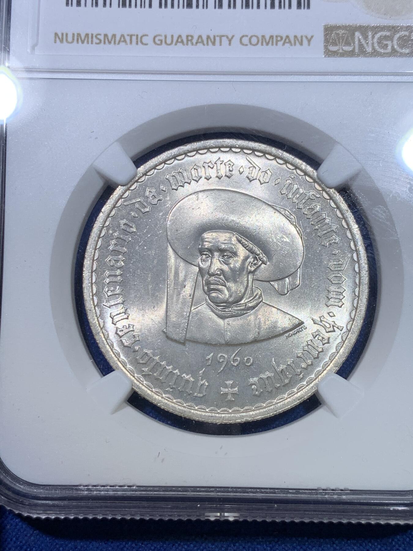 《竞宝斋》第284场- 周日，周一 2场连拍 （全场包邮） NGC MS63 葡萄牙1960年亨利王子500周年20埃斯库多银币