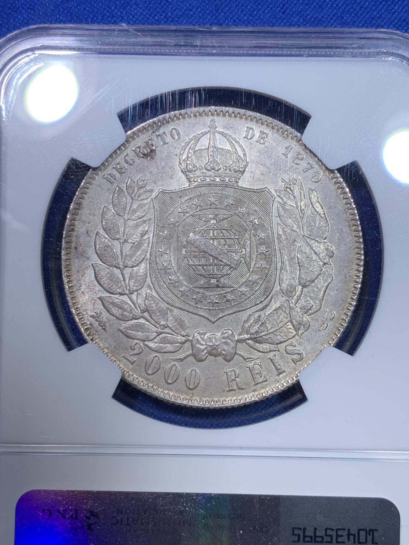 《竞宝斋》第284场- 周日，周一 2场连拍 （全场包邮） NGC MS63 巴西帝国 1889年 佩德罗二世 2000瑞斯 银币