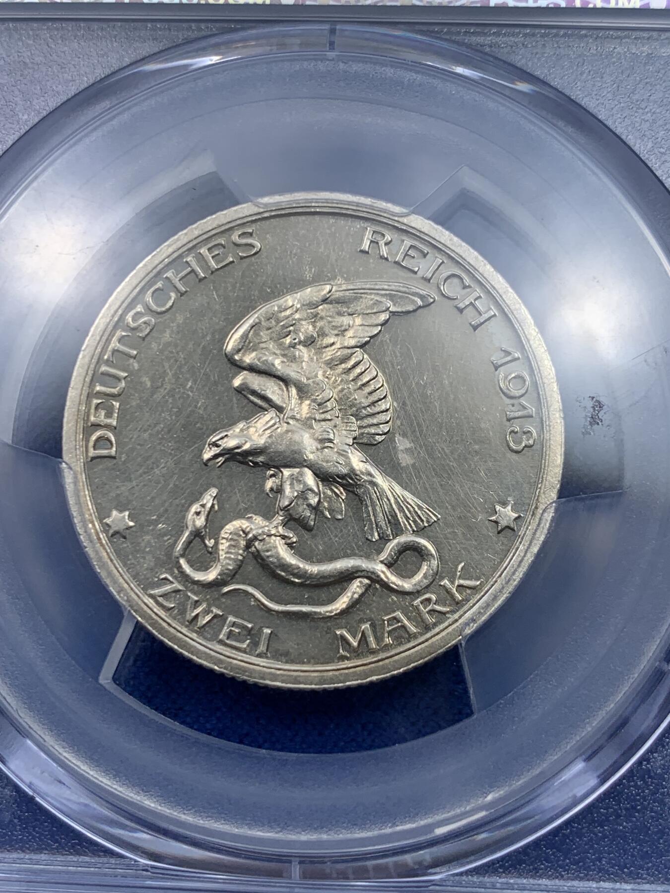 《竞宝斋》第284场- 周日，周一 2场连拍 （全场包邮） PCGS PR63CAM 德国1913普法战争胜利100周年2马克精制币 更高评级只有39枚