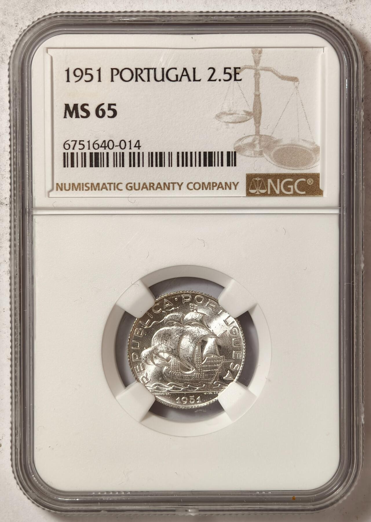 紫瑗钱币——第376期拍卖 葡萄牙 1951年 帆船 2.5埃斯库多 银币 NGC MS65