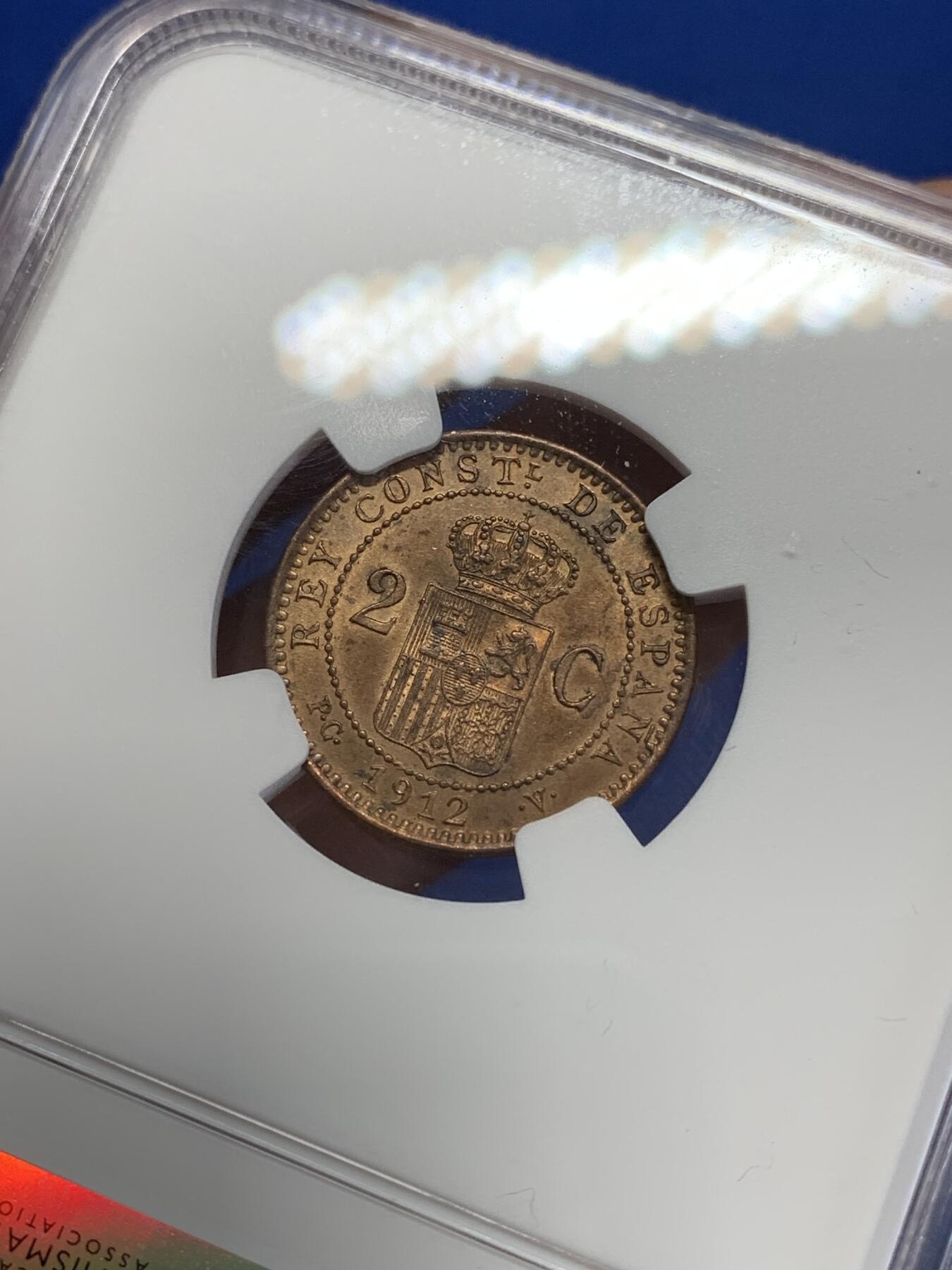 《竞宝斋》第284场- 周日，周一 2场连拍 （全场包邮） NGC UNCD 西班牙1912年阿方索十三世2分铜币