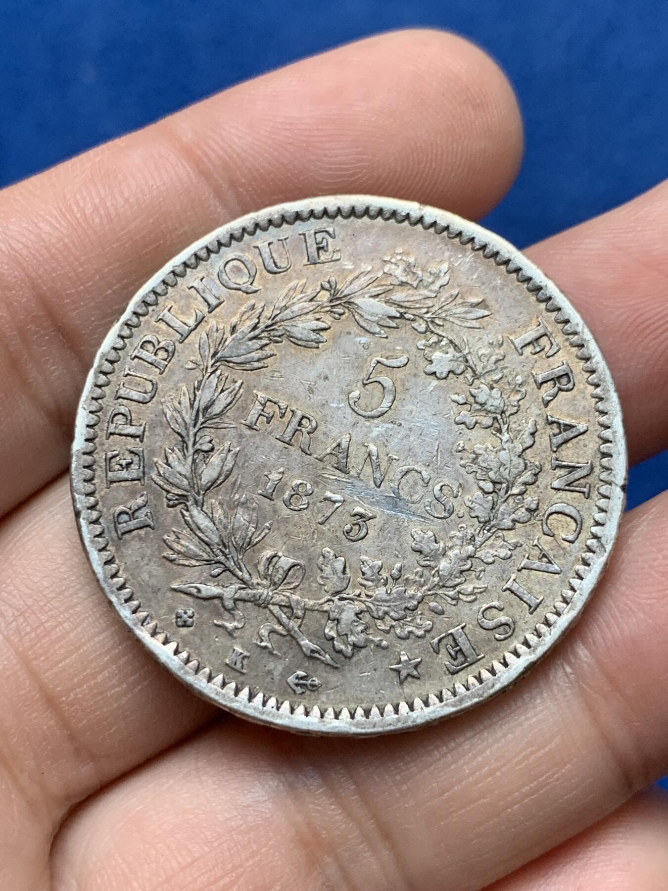 《竞宝斋》第284场- 周日，周一 2场连拍 （全场包邮） 1873年K厂法国大力神5法郎银币 原味包浆