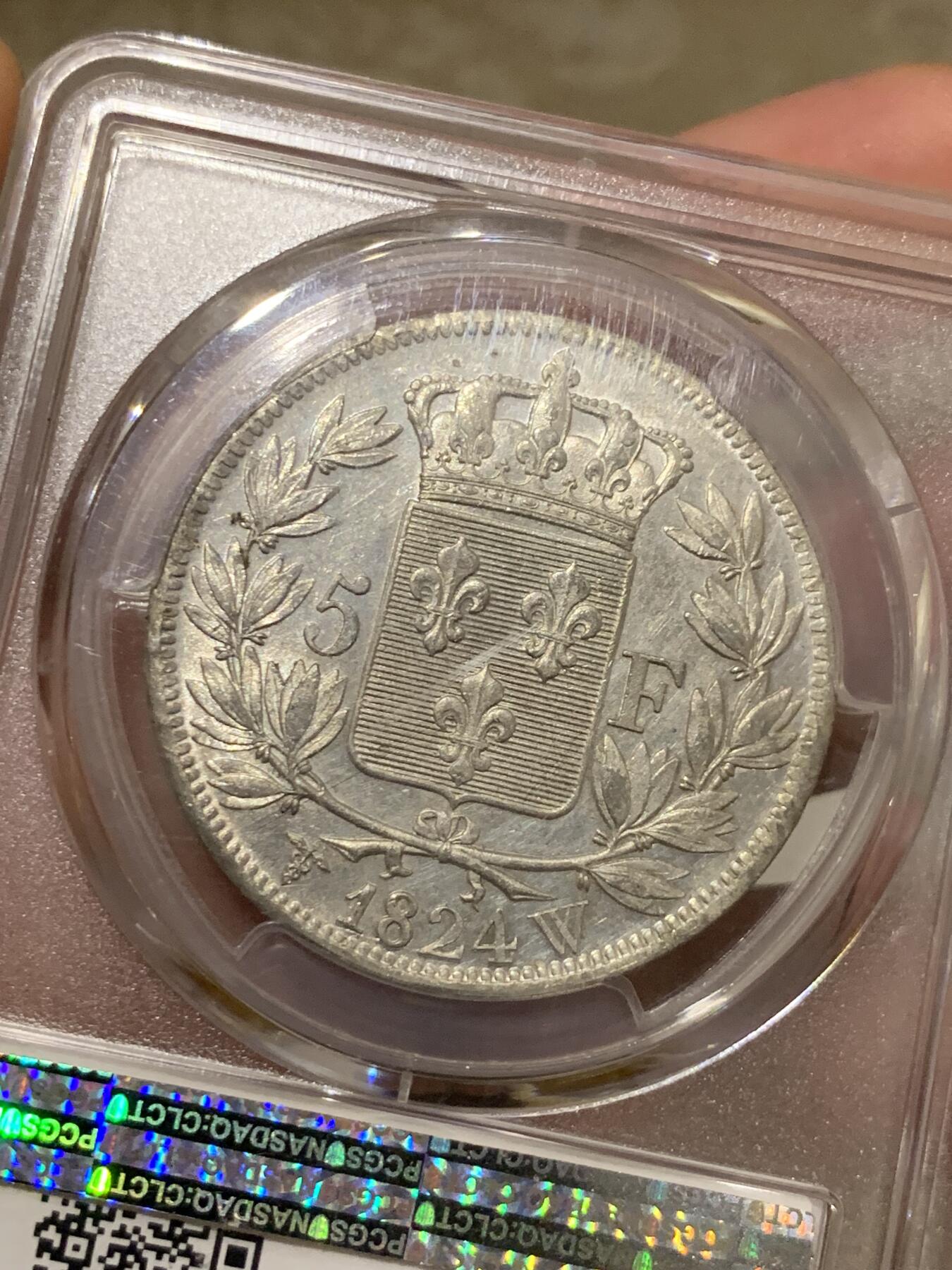 《竞宝斋》第284场- 周日，周一 2场连拍 （全场包邮） PCGS AU58 法国1824年路易十八5法郎 少见W厂 镜面底板 原光车轮光 严重低评