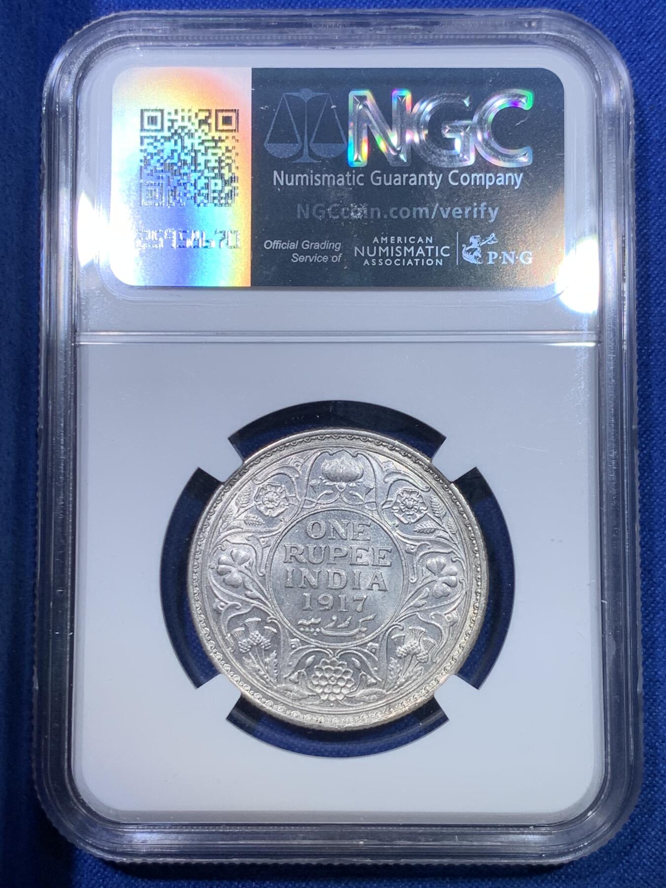 《竞宝斋》第284场- 周日，周一 2场连拍 （全场包邮） NGC MS63 印度1917年乔治五世版1卢比银币 底板丝滑 转光感完美