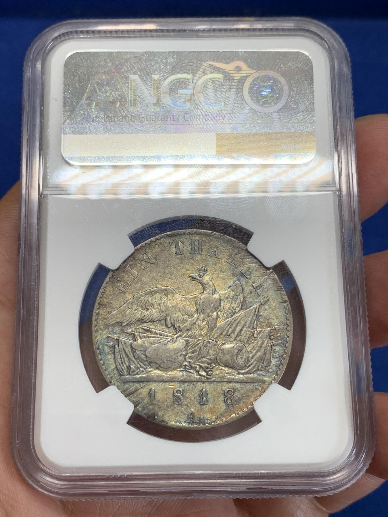 《竞宝斋》第284场- 周日，周一 2场连拍 （全场包邮） NGC XFD 德国1818A年普鲁士鹰炮1泰勒银币 老泰勒又涨了