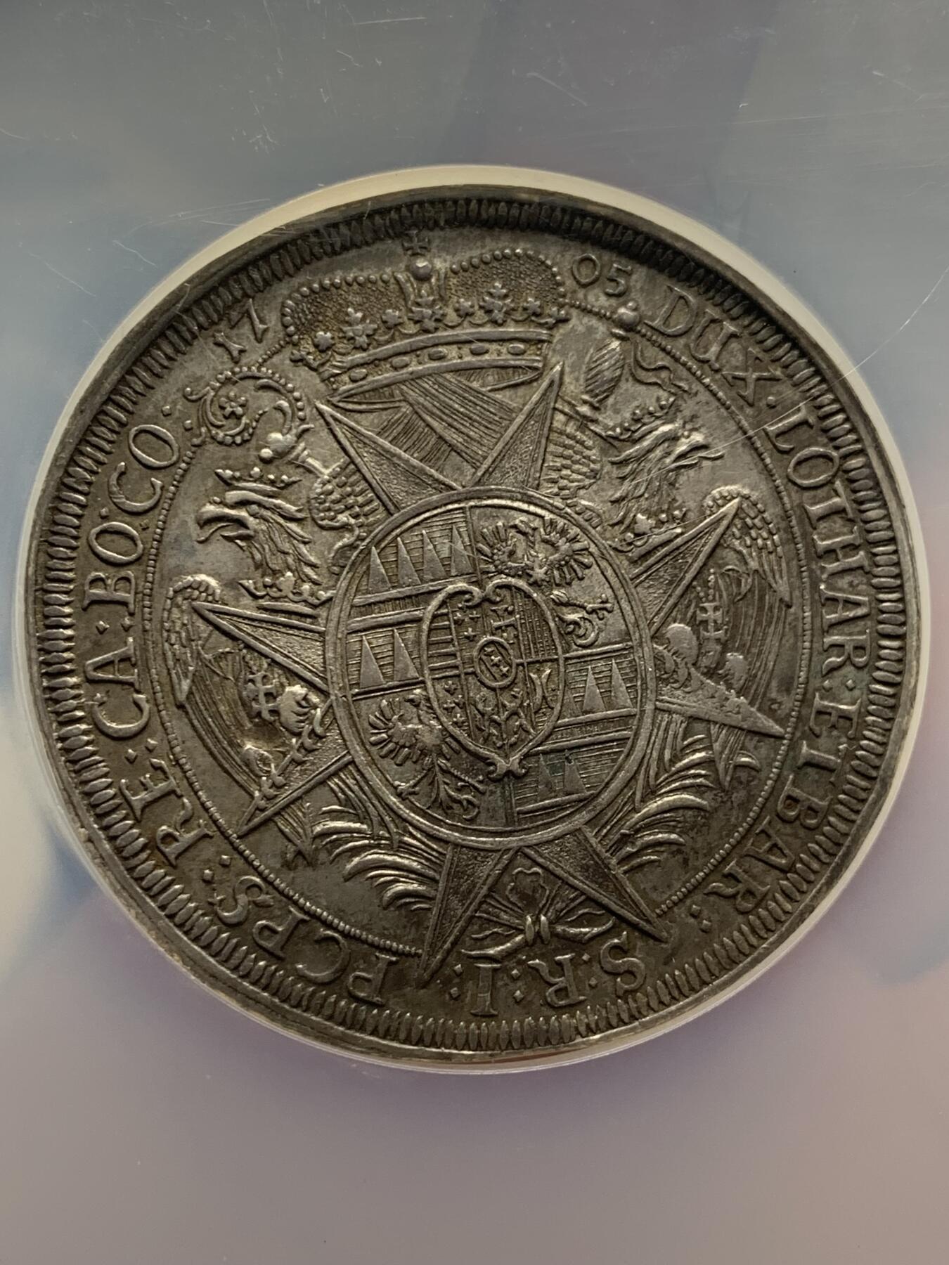 《竞宝斋》第284场- 周日，周一 2场连拍 （全场包邮） NGC MS62 波西米亚王国 1705 奥洛穆茨主教区 泰勒大银币 细节高点俱在 低评