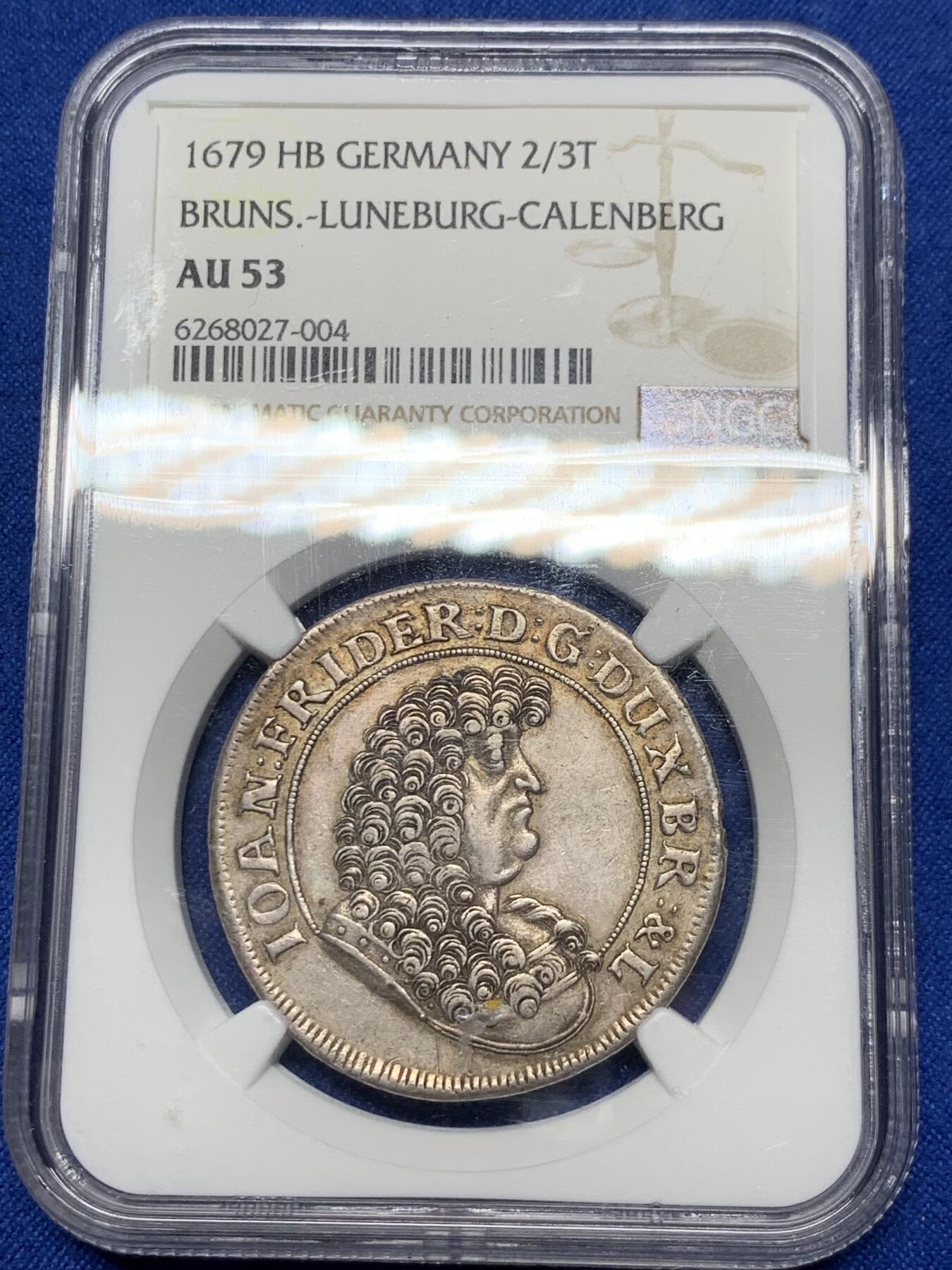 《竞宝斋》第284场- 周日，周一 2场连拍 （全场包邮） 冠军分 NGC AU53  德国 1679 约翰·弗里德里希  不伦瑞克 2/3泰勒银币 可藏