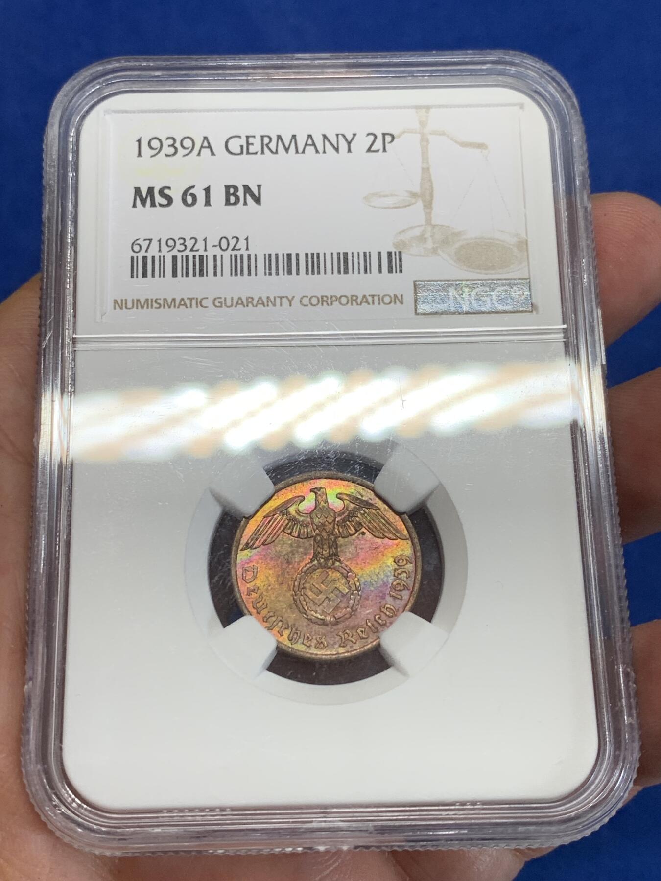 《竞宝斋》第284场- 周日，周一 2场连拍 （全场包邮） NGC MS61BN 德国1939年A厂2芬尼