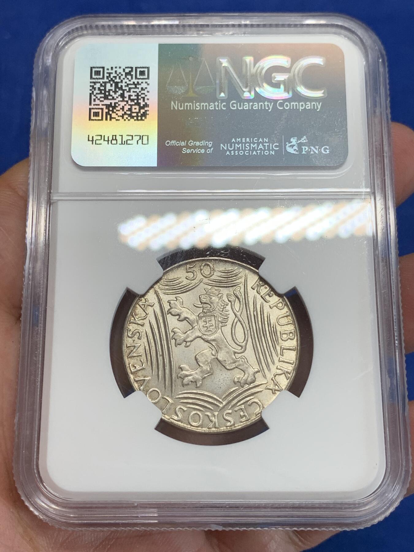 《竞宝斋》第284场- 周日，周一 2场连拍 （全场包邮） NGC MS64 捷克斯洛伐克1949斯大林50克朗银币