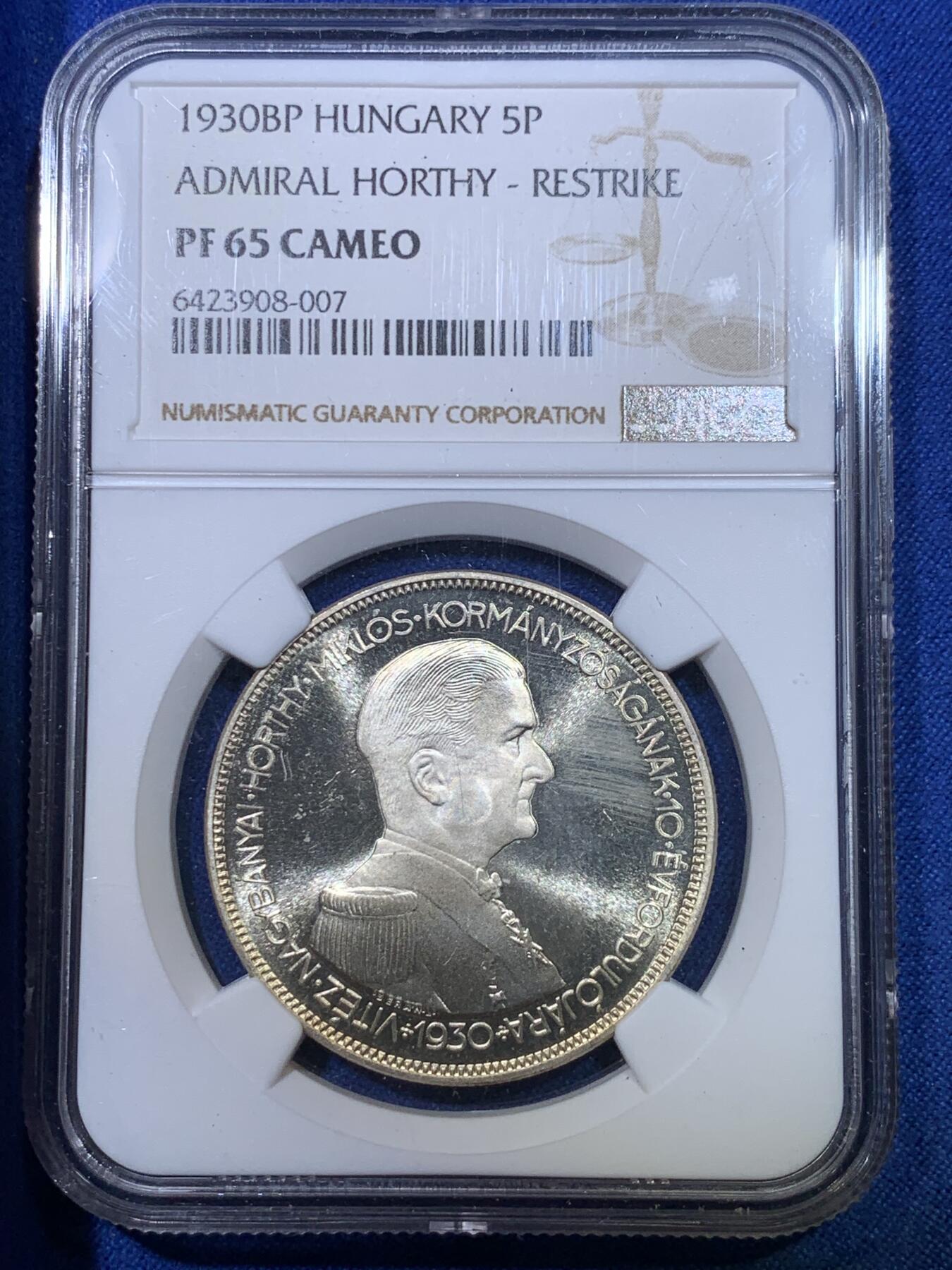 《竞宝斋》第284场- 周日，周一 2场连拍 （全场包邮） NGC PF65CAMEO 匈牙利1930年海军上将霍尔蒂5潘果精制银币 高分热门