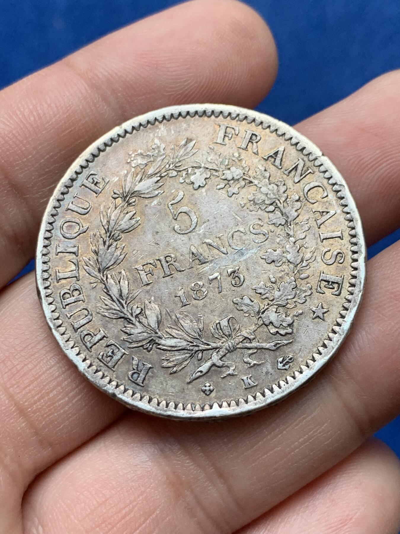 《竞宝斋》第284场- 周日，周一 2场连拍 （全场包邮） 1873年K厂法国大力神5法郎银币 原味包浆